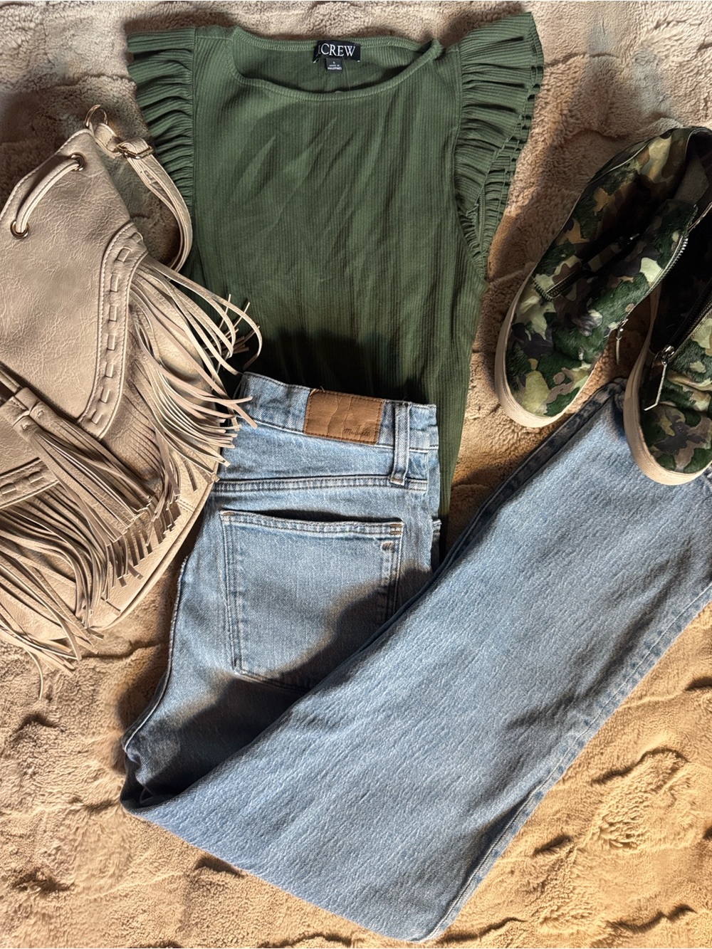 J. Crew Olive Ruffle-Sleeve Top with Light Blue Straight-Leg Jeans